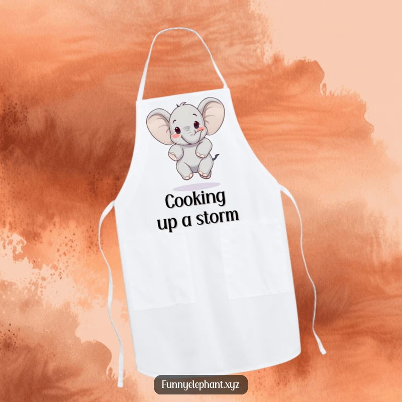 Happy elephant jumping with ears like wings on a kitchen apron. Fun and inspiring for chefs.