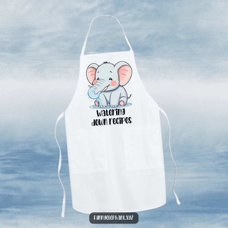 Funny apron showing a plump, smiling elephant with tiny tusks playfully splashing water from its trunk, adding fun to kitchen tasks.