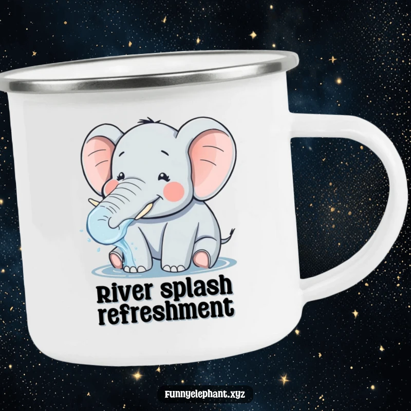 Funny camping mug depicting a plump, smiling elephant with tiny tusks playfully splashing water from its trunk, perfect for outdoor fun.