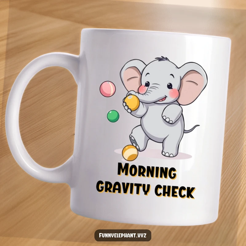 Funny elephant mug showing a clumsy elephant tripping while juggling colorful balls, a comical and joyful gift.