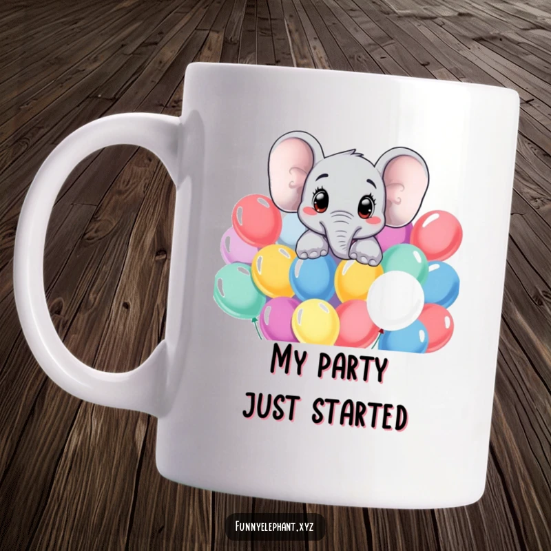 Funny elephant mug featuring a curious elephant with big eyes peeking over colorful balloons, perfect for a cheerful gift.