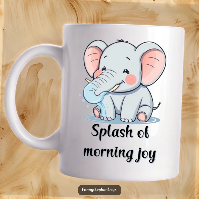 Funny mug showcasing a plump, smiling elephant with small tusks, playfully splashing water from its trunk, depicting pure, wet fun.
