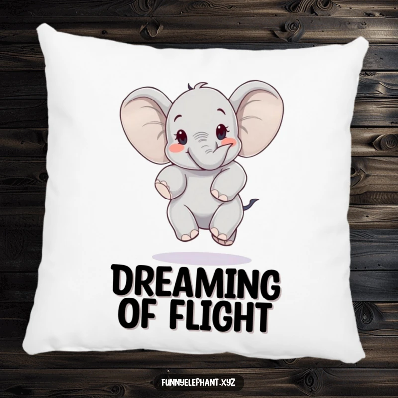 Happy elephant jumping with ears flapping like wings, on a soft pillow. Cozy and uplifting funny decor.