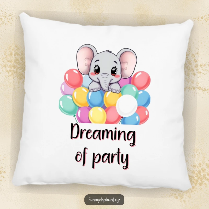 Funny elephant pillow with a curious elephant peeking over colorful balloons, soft and decorative accent gift.