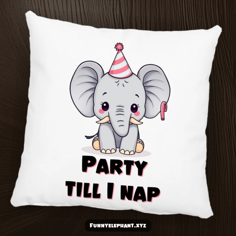Cute elephant with a small party hat blowing a horn on a soft pillow. Cozy and festive funny decor.