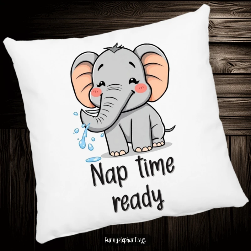 Funny pillow: A cute elephant with a wide, happy grin playfully sprays water from its trunk, perfect for cozy laughs.