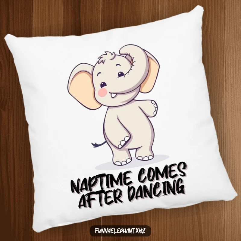 Funny elephant with a long, curling trunk doing a silly dance, featured on a soft pillow. Cozy and humorous decor.
