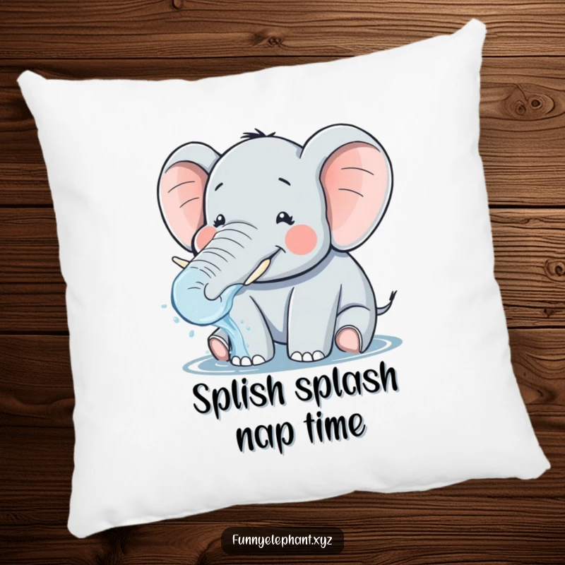 Funny pillow featuring a plump, smiling elephant with tiny tusks, playfully splashing water from its trunk, a delightful and cozy accent.
