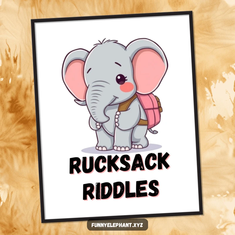 Funny digital art print of an elephant looking confused while trying to wear a backpack, an instant humorous decor piece.