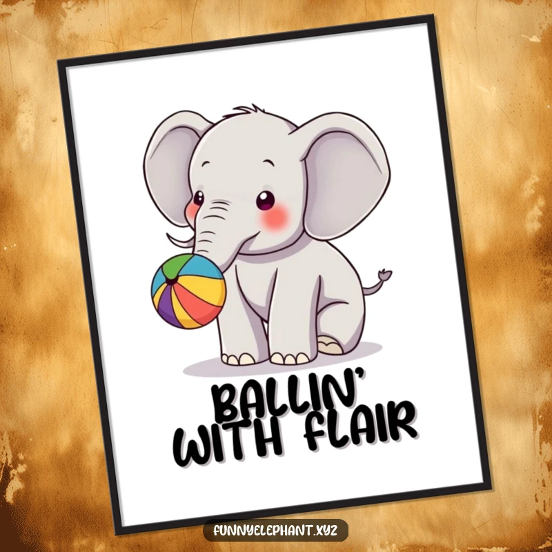 Funny digital art print of an elephant playfully bouncing a colorful ball with its trunk, ideal for instant wall decor.