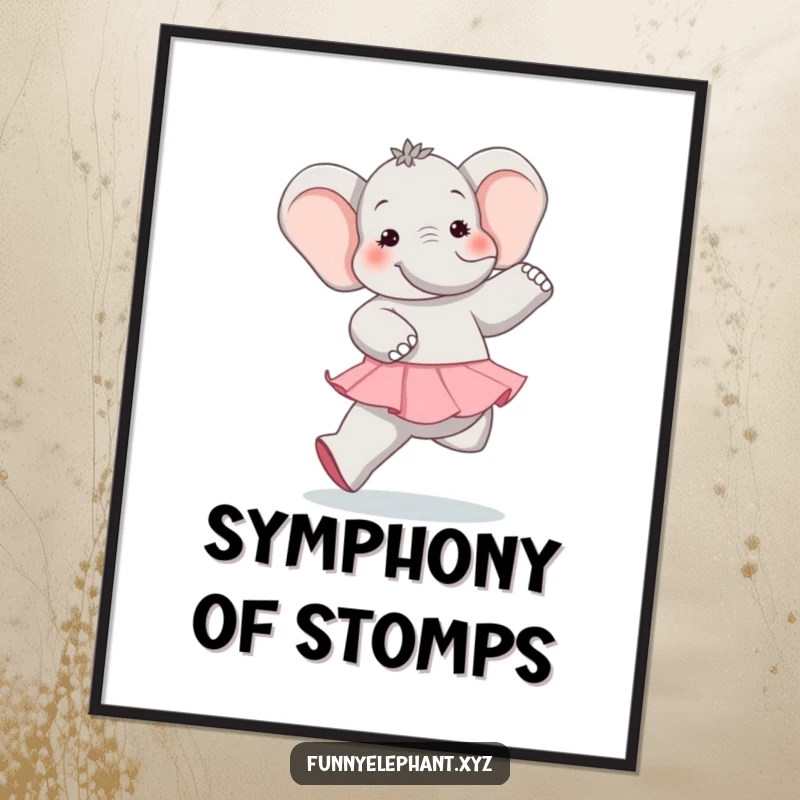 Funny elephant in ballet attire comically attempting a dance, large feet highlighted, perfect for digital art printing and humorous decor.