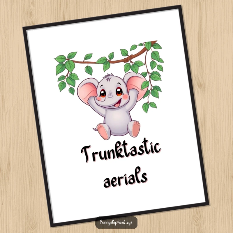 Funny digital art print of an elephant swinging from a vine with a surprised expression, ideal for instant humorous wall art.