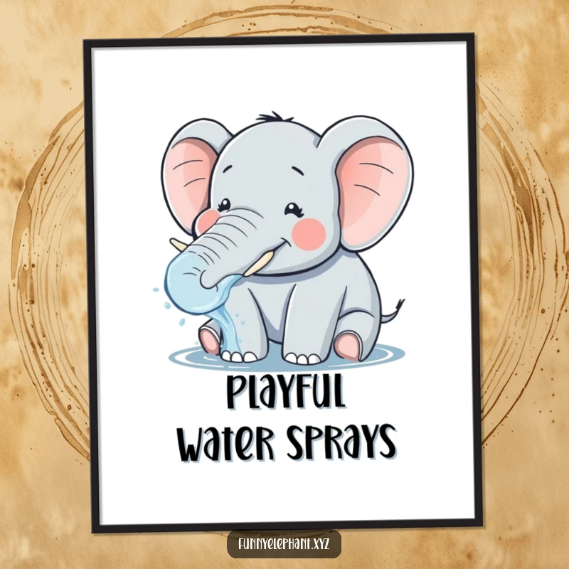Funny digital art print of a plump, smiling elephant with tiny tusks playfully splashing water from its trunk, radiating pure joy.