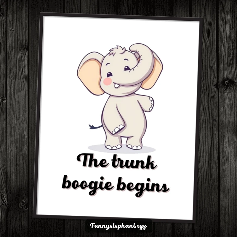 Funny elephant with a long, curling trunk performing a silly dance, as downloadable art. Vibrant and funny decor.