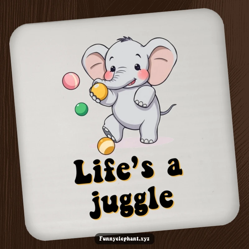 Funny elephant coasters depicting a clumsy elephant tripping while juggling, protecting surfaces with hilarious art.