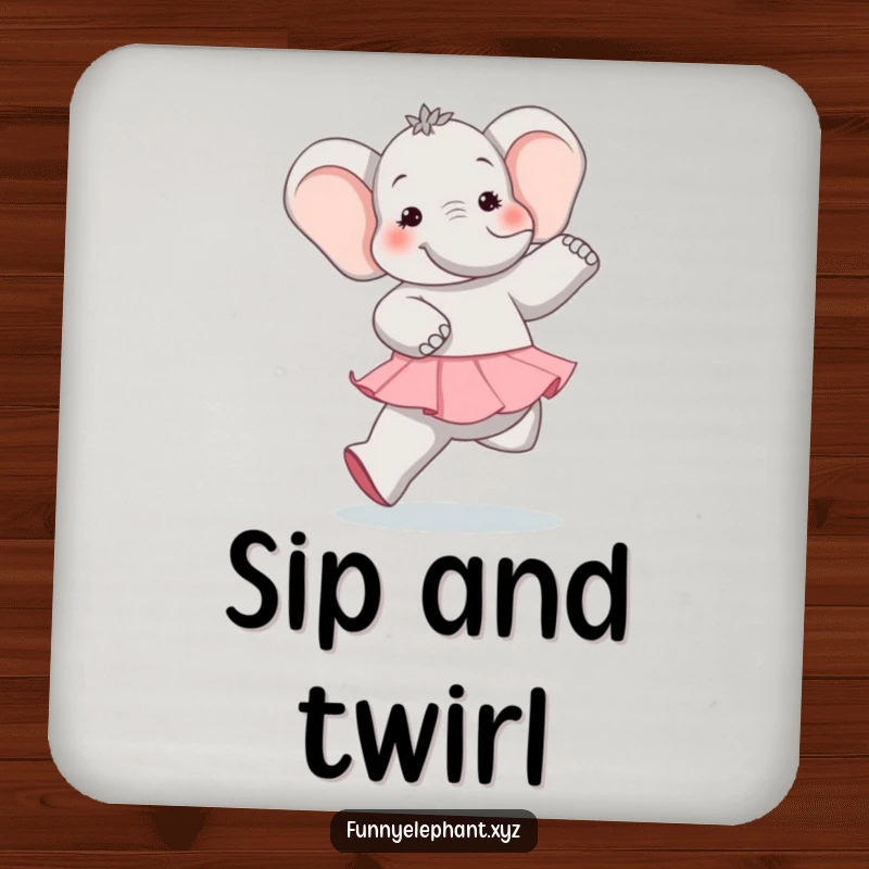 Funny elephant in a ballet tutu comically dancing on drink coasters, protecting surfaces with a humorous touch.