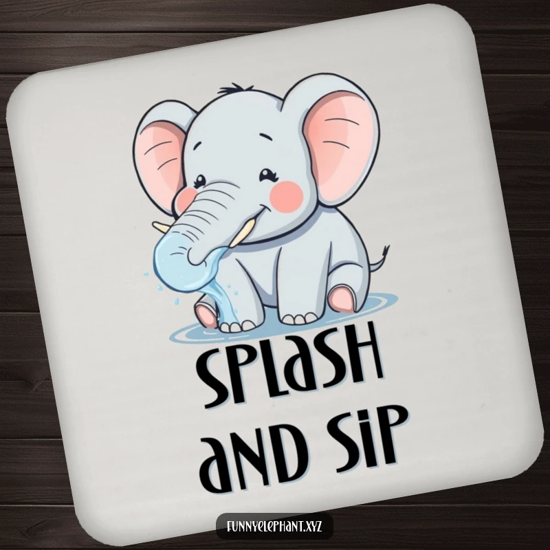 Funny coaster featuring a plump, smiling elephant with tiny tusks playfully splashing water from its trunk, a charming and protective addition.