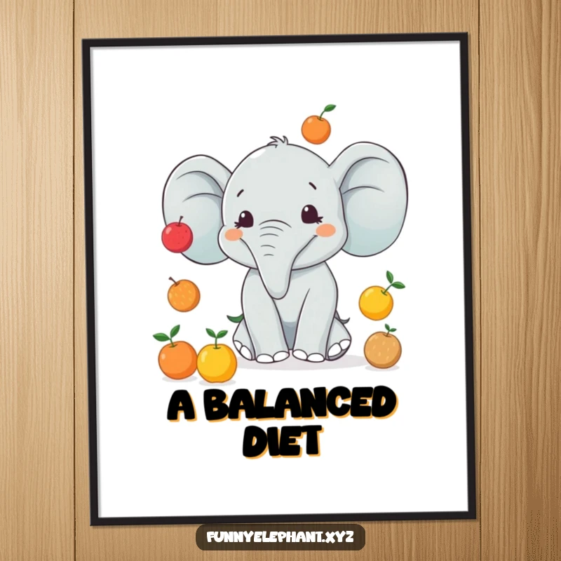 Funny poster of a smiling elephant attempting to juggle several small fruits, a humorous and cheerful piece of art.