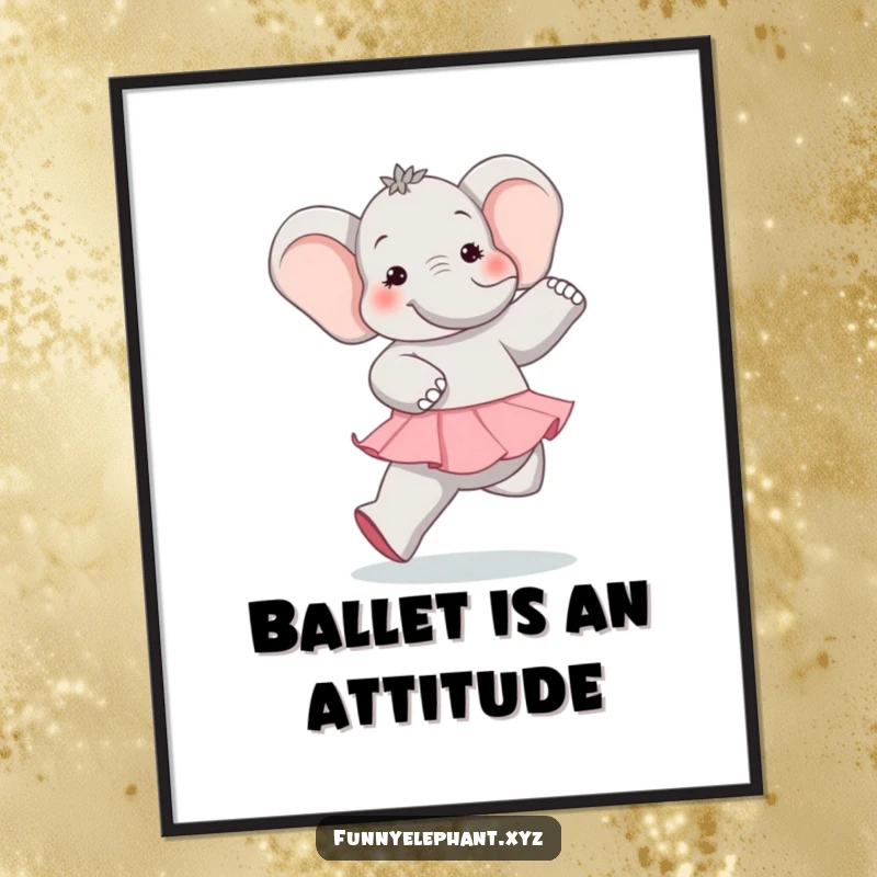 Funny elephant in ballet attire comically attempting a dance move, large feet prominently displayed, creating a humorous and eye-catching poster.