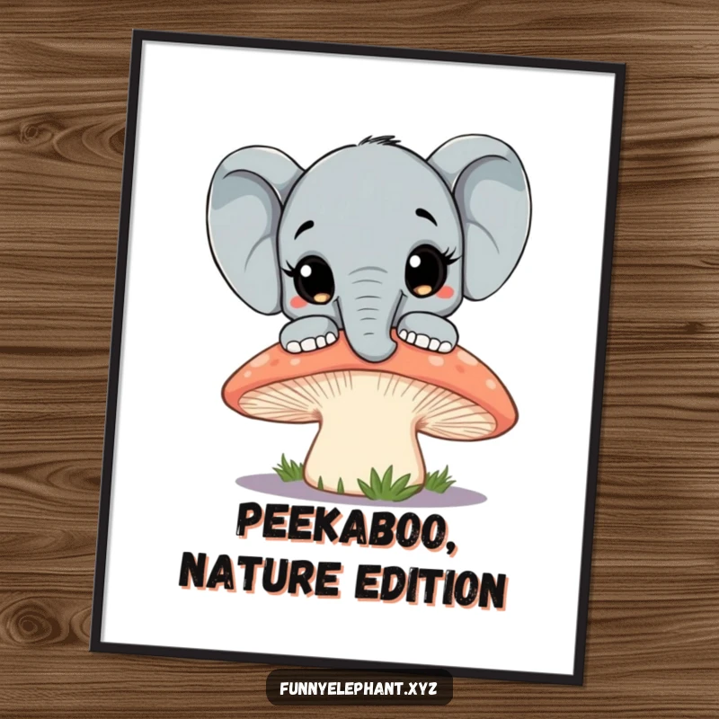 Funny elephant with big, curious eyes peeking from behind a giant mushroom, creating a whimsical fantasy scene. Perfect funny wall art.