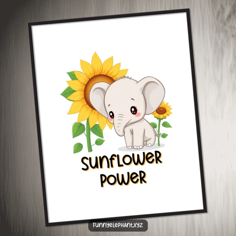 Funny poster: A happy elephant with bright, curious eyes looks closely at a giant, smiling sunflower.