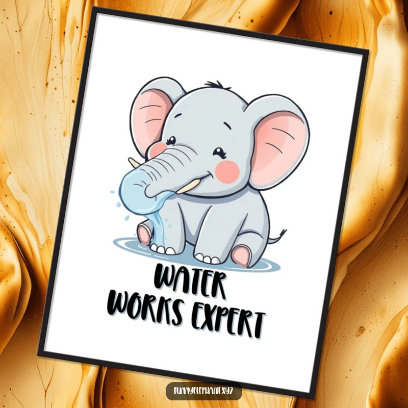 Funny poster of a plump, smiling elephant with small tusks, playfully splashing water from its trunk, an image of pure, wet delight.