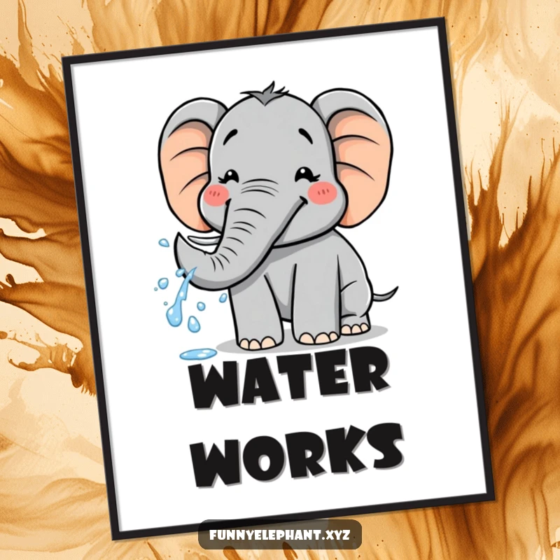 Funny poster: A happy elephant with a broad smile playfully sprays a stream of water from its trunk.