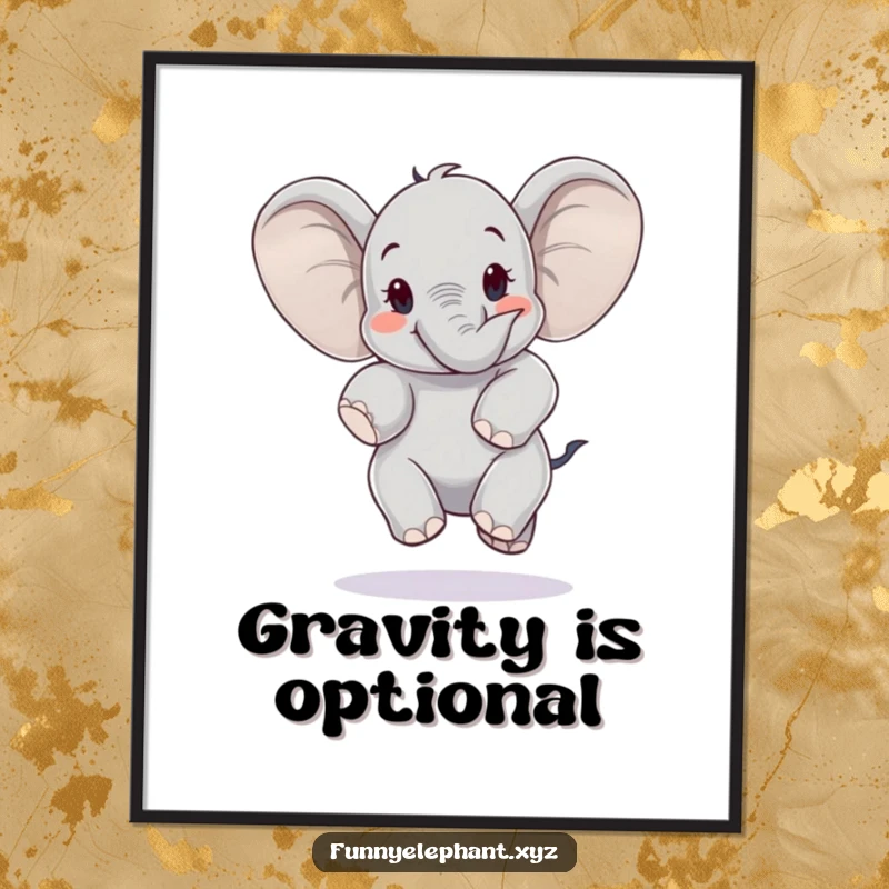 Happy elephant jumping with its ears spread like wings, in mid-air. Captures freedom and joy, a funny poster.