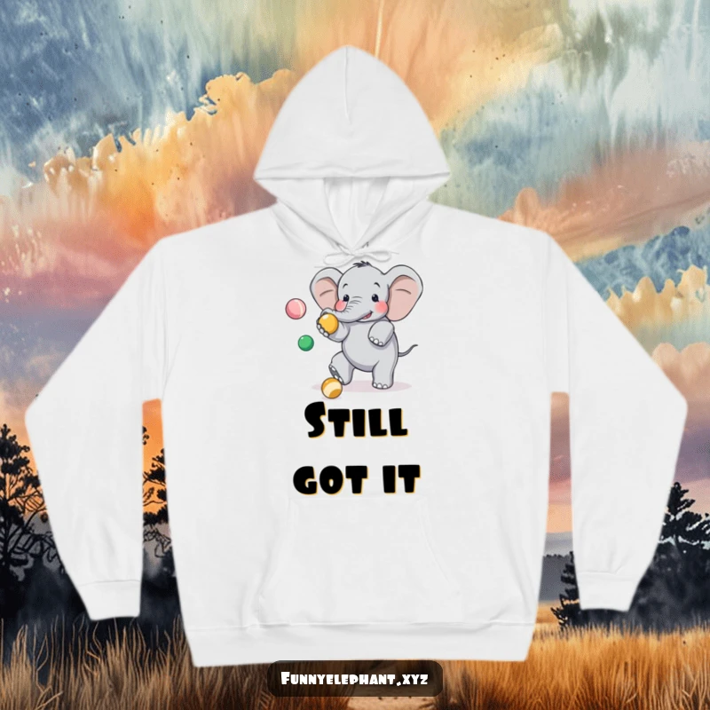 Funny elephant hoodie featuring a clumsy elephant tripping while juggling, a warm and humorous piece of apparel.
