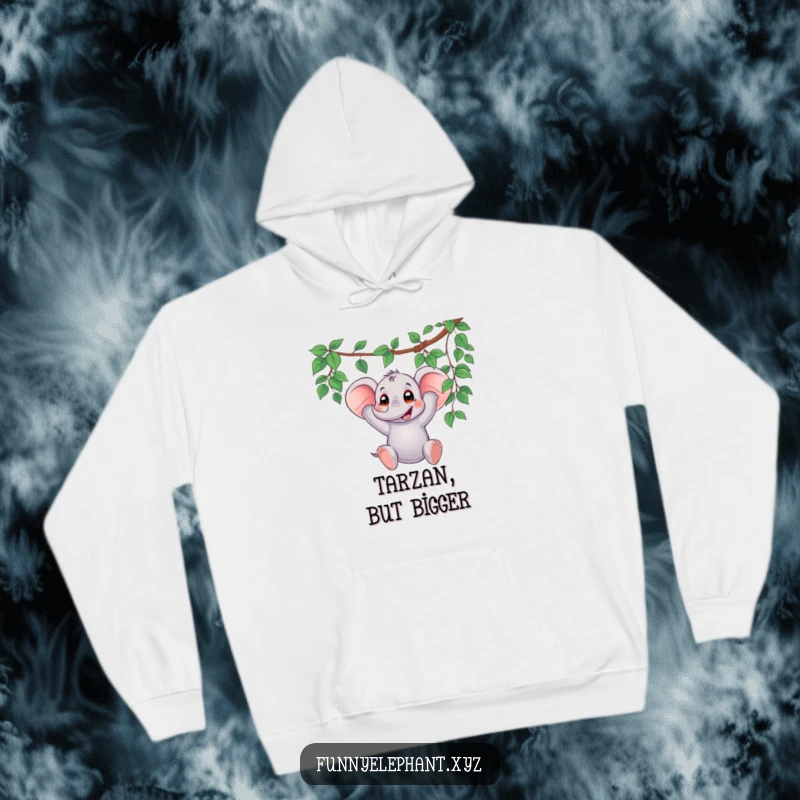 Funny hoodie depicting an elephant swinging wildly from a vine, its surprised expression adding to the humorous, adventurous scene.