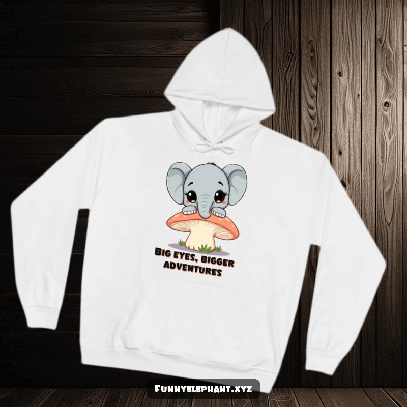Funny elephant peeking curiously over a giant mushroom, with expressive eyes. Ideal for cozy, whimsical style, a great funny hoodie present.