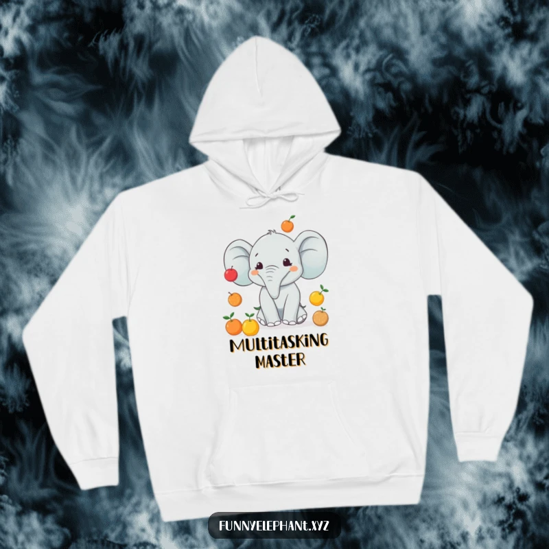 Funny hoodie featuring a happy elephant juggling fruits, conveying a sense of cheerful effort and humorous multitasking.