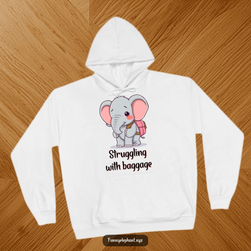 Funny hoodie featuring a bewildered elephant struggling to wear a backpack, conveying a universally relatable humorous situation.
