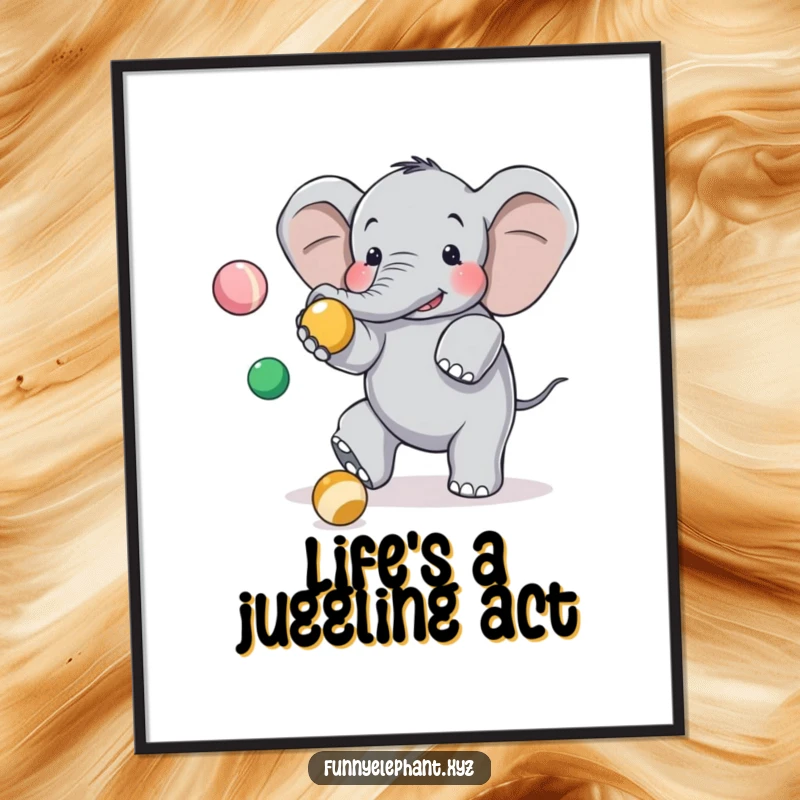 Funny Free Printable Wall Art: Clumsy elephant tripping while juggling balls, a comical scene for any room.