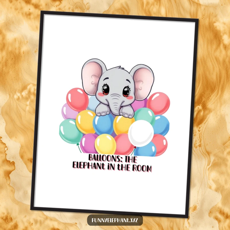 Funny Free Printable Wall Art: Curious elephant with big expressive eyes peeking over colorful balloons, bringing joy to any room.