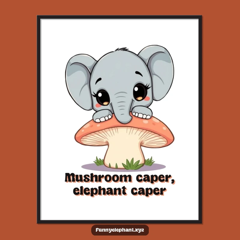 Free Printable Wall Art: Curious Elephant Over Mushroom - Funny Downloadable Decor