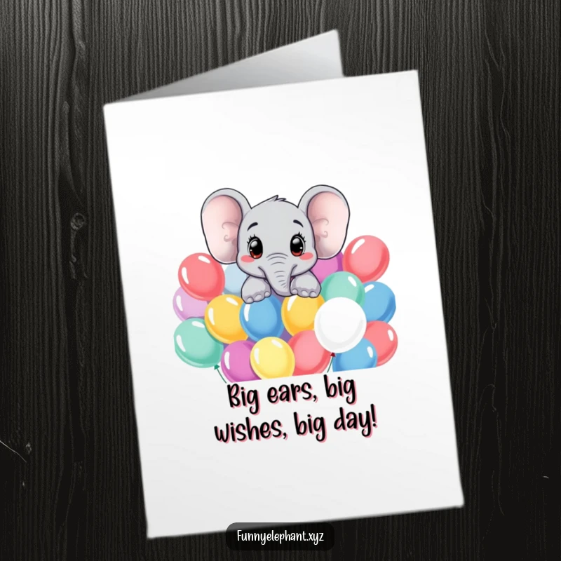 Funny Free Printable Elephant Birthday Card: Curious pachyderm with big eyes peeking over balloons, ready for a laugh.