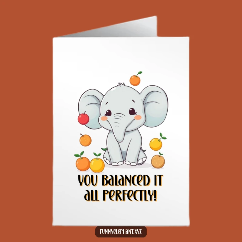 Free Printable Congrats Card: Juggling Elephant Fruits, Downloadable Gift