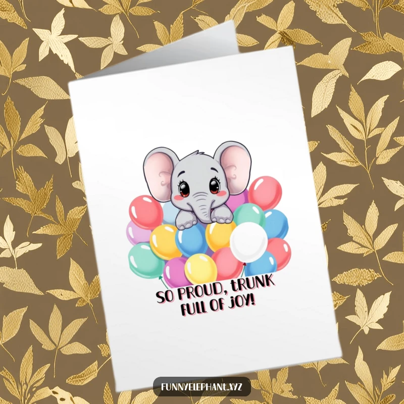 Funny Free Printable Elephant Congratulations Card: Curious elephant peeking over balloons, celebrating great news with a smile.