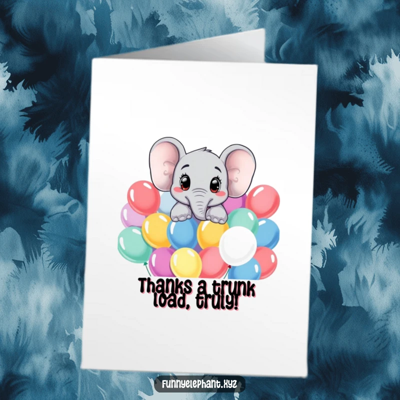 Funny Free Printable Elephant Thank You Card: Curious elephant peeking over balloons, sending thanks with a cheerful expression.
