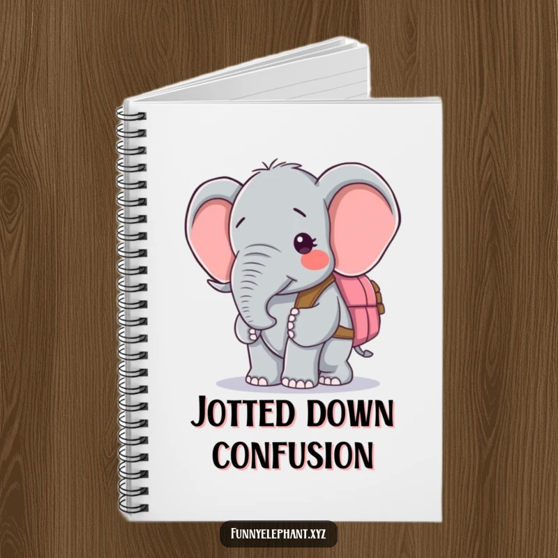 Funny notebook featuring a confused elephant trying to wear a backpack, perfect for jotting down thoughts and ideas.