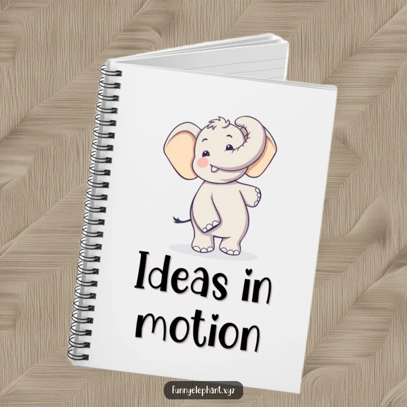 Funny elephant with a long, curling trunk performing a silly dance on a notebook cover. Ideal for journaling, a funny gift.