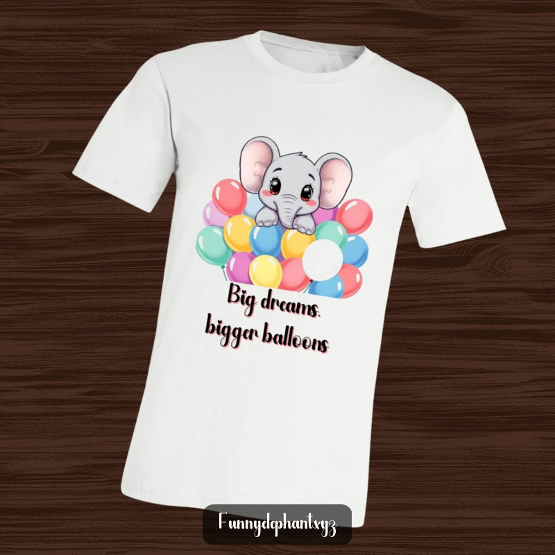 Funny elephant t-shirt with a curious elephant peeking over a vibrant pile of balloons, a delightful and humorous gift.