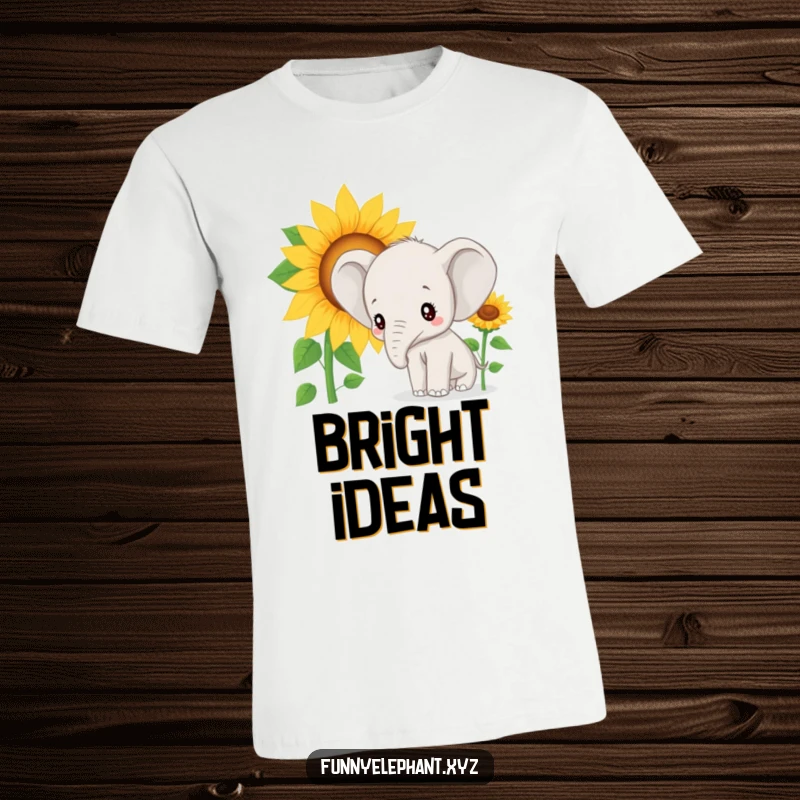 Funny t-shirt: An elephant with wide, curious eyes gazes intently at a giant, beaming sunflower.