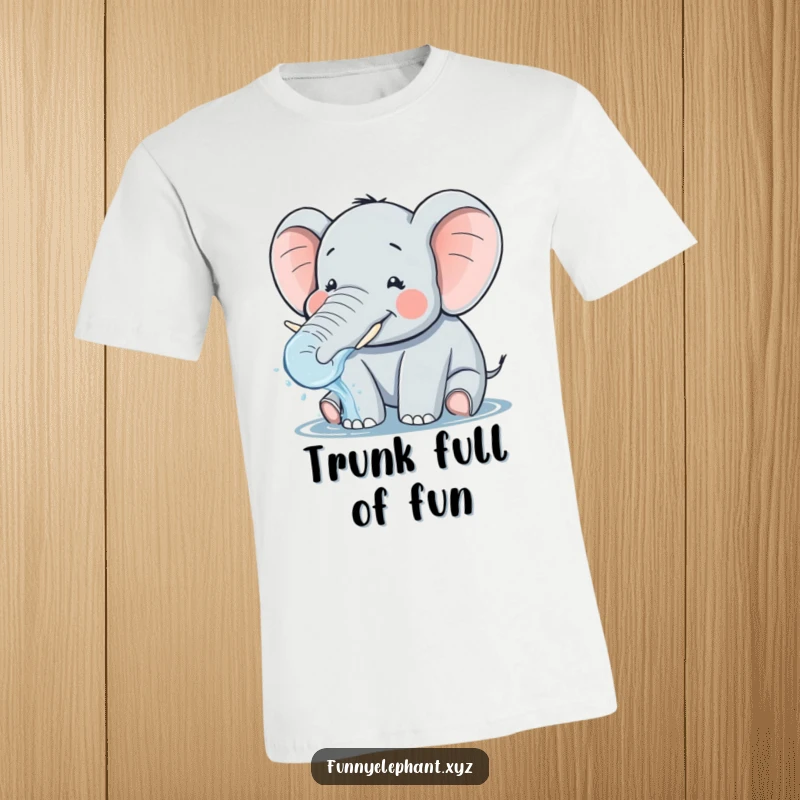 Funny t-shirt featuring a plump, smiling elephant with petite tusks, playfully spraying water from its trunk in a delightful splash.