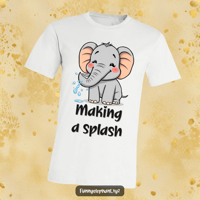 Funny t-shirt: An adorable elephant beams with a wide smile, joyfully squirting water from its trunk.