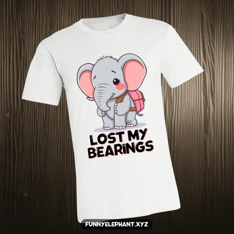 Funny t-shirt showing an elephant with a very confused expression trying to put on a backpack, highlighting a comical struggle.