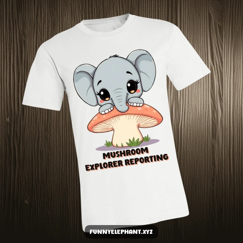 Funny elephant with large, inquisitive eyes peeking over a giant, vibrant mushroom, conveying curiosity and adventure. A must-have funny t-shirt.