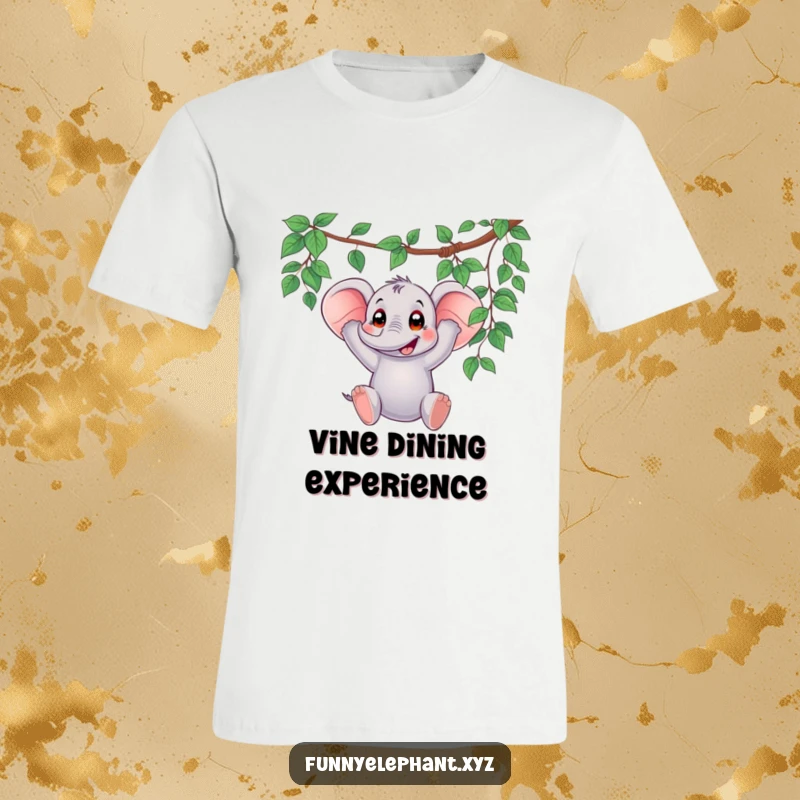 Funny t-shirt featuring an elephant energetically swinging from a vine, displaying a comically surprised facial expression.