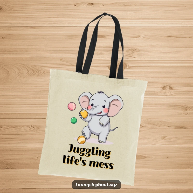 Funny elephant tote bag illustrating a clumsy elephant tripping over feet while juggling, a humorous and practical accessory.